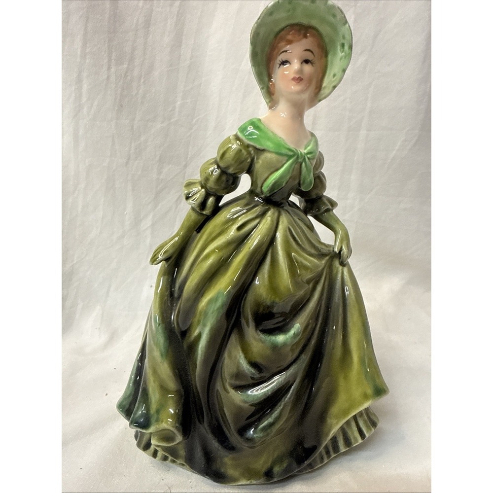 Vintage Lady Planter Green Dress Ceramic Figurine Cottage Romantic Lefton 4337